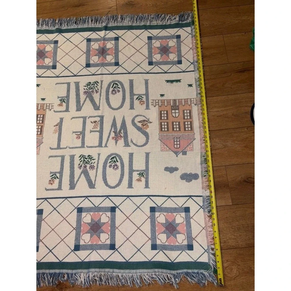Vintage Home Sweet Home Woven Tapestry Throw Blanket Fringed Cottagecore 48x34